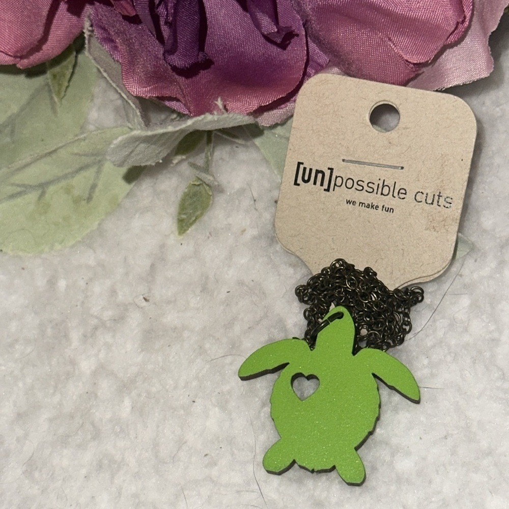 Unpossible Cuts Lime Green Wooden Sea Turtle Heart Pendant Necklace Handmade USA